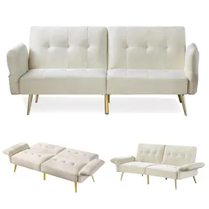 Grosir tempat tidur Sofa Futon konvertibel beludru putih krem Modern lipatan tempat tidur Sofa panjang dengan sandaran yang dapat disesuaikan
