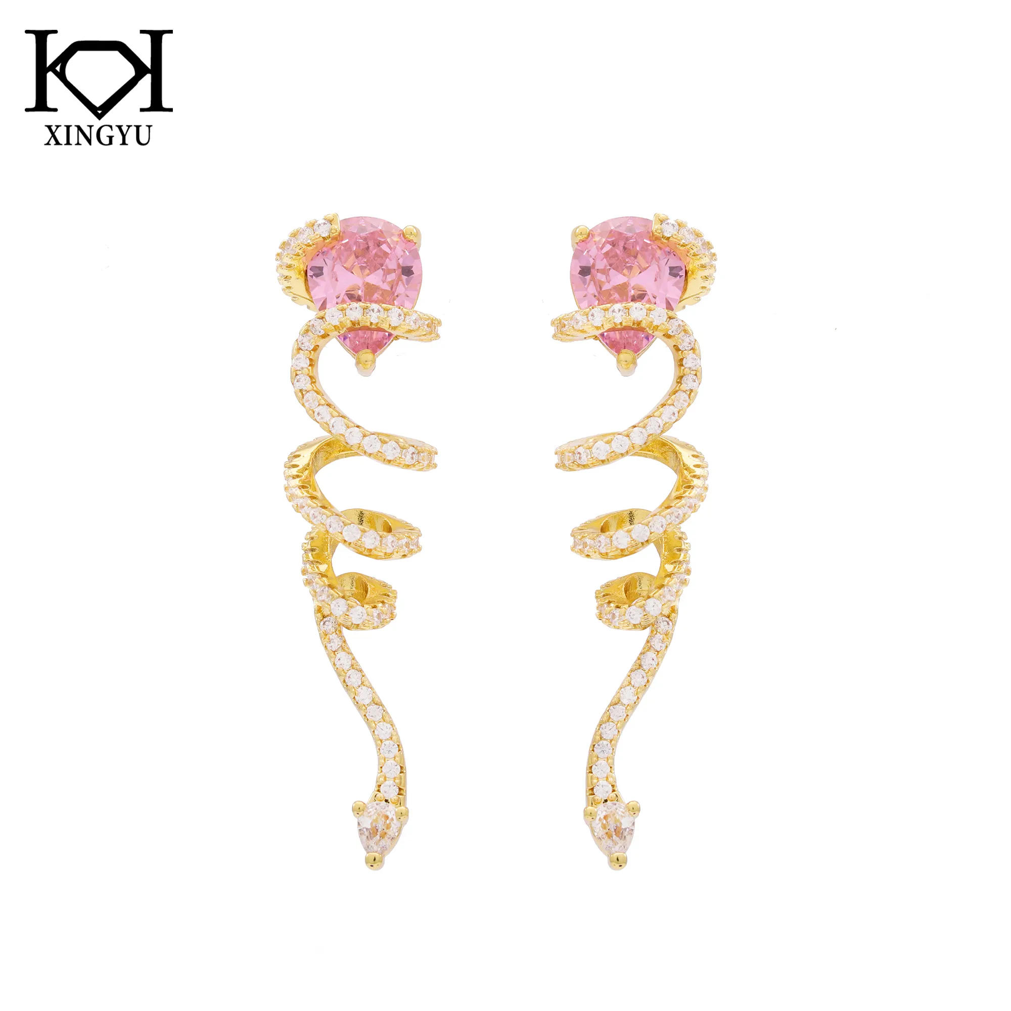 Fashion Jewelry Wholesale Pink 18K Gold Plated White Zircon Stud Earrings