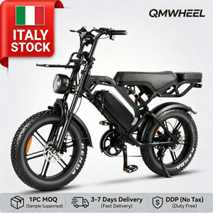Bicicleta Eléctrica QMWHEEL ITALY Stock V20 Pro de 20 Pulgadas con Llantas Gruesas, 48V, Frenos Hidráulicos, Doble Suspensión, Asientos Expandibles - Product Image 1