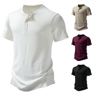 T-shirt da uomo girocollo a tre bottoni in maglia a costine, a maniche corte, tinta unita, sportiva, vestibilità ampia, per giovani, nuova collezione estate 2026, 100% cotone - Product Image 2
