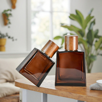 Flacon de parfum vide de luxe en verre, usage industriel, forme carrée, couleur marron, sérigraphie, pulvérisateur à pompe, emballage 50ml 100ml