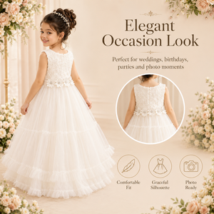 Abito da Principessa in Tulle Bianco <span class=keywords><strong>per</strong></span> Ragazze 8-16 Anni Vestito da <span class=keywords><strong>Damigella</strong></span> <span class=keywords><strong>per</strong></span> Feste con Ricami in Pizzo Fiocco sulla Schiena Abito da Cerimonia Vaporoso - Product Image 3