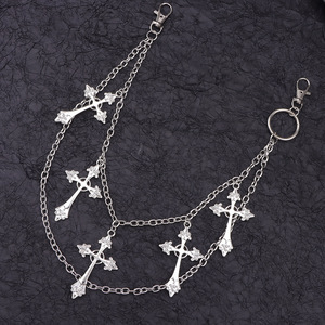 <b>Cross</b> Pendant Double Layer Metal Ring Pants <b>Chain</b> Unisex Waist <b>Chain</b> Tibetan Silver White K Daily Wear - Product Image 2