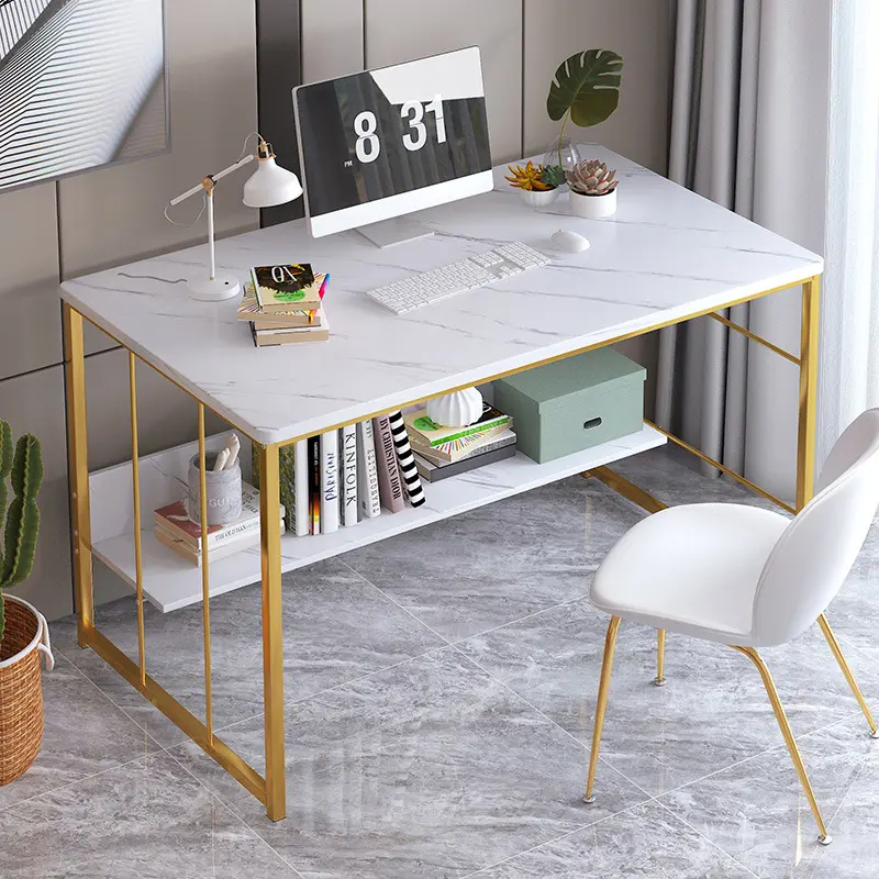 Golden Steel Computer Study Writing Work Table White Marble Home Office Desk For Adults