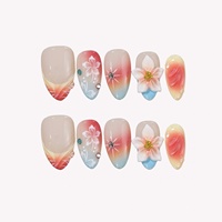 Ongles à presser en amande 3D dégradé rose-bleu coucher de soleil, motif papillon peint à la main, strass et coquillage, 10 pièces personnalisables