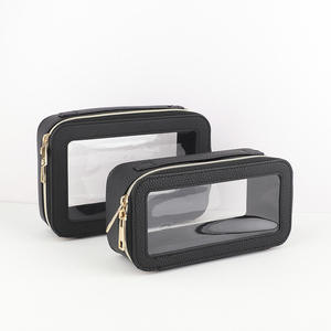 Pochette de maquillage personnalisée en cuir PU imperméable de couleur marron avec fenêtre transparente, fermeture éclair rouge, sac de rangement cosmétique portable, trousse de toilette - Product Image 3