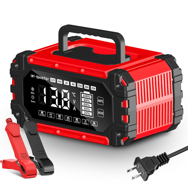Heavy Duty 25A Adjustable Car Motorcycle Battery Charger Portable 12V/24V Smart Charger Trickle Maintainer for AGM/Gel/Lead-Acid