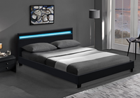 Lit plateforme double moderne et simple en similicuir blanc et noir avec LED intégrées dans la tête de lit