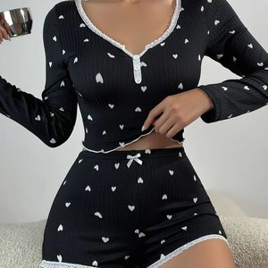 Pyjamas pour femmes sexy européennes et américaines, manches longues, shorts, motif d'amour imprimé, boutons, ensembles de pyjamas de nuit - Product Image 6