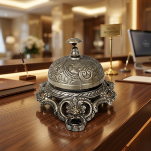 Cloche de bureau antique plaquée argent, en alliage de zinc, avec impression circulaire en relief, cadeau d'affaires, artisanat métallique - Product Image 1