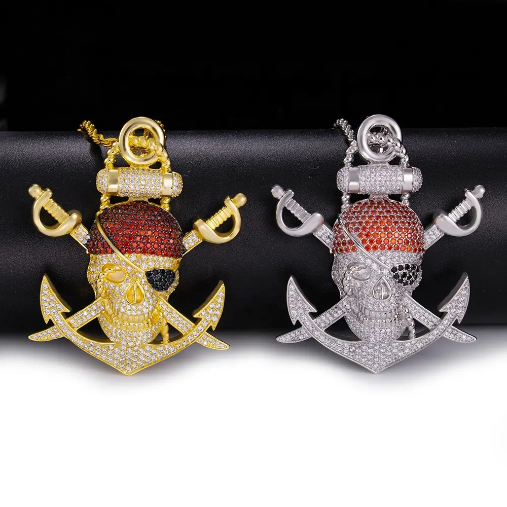 Wholesale Custom CZ Zircon Cubic Zirconia Gold Plated Brass Pirate Skull Hip Hop Fashion Jewelry Pendants Charms for Necklace