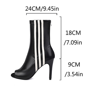 Botines de tacón de aguja de ante con punta abierta y rayas blancas para mujer, talla grande 46, estilo veraniego, sexys - Product Image 6