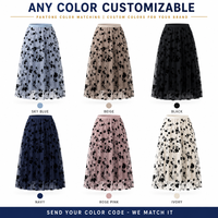 Rok Midi Wanita Vintage Musim Semi Bahan Tulle Motif Bunga Berlapis Pinggang Tinggi Lipit Model A-line Anti Kusut Campuran Katun