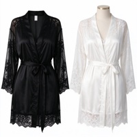 Robe de nuit sexy en dentelle et satin à col en V pour femme, transparente, à manches longues, ample, respirante, pour les vacances, avec boutons et ouverture à nouer pour la chambre