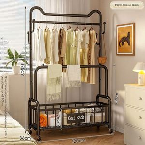 Porte-vêtements roulant en métal antirouille <span class=keywords><strong>pas</strong></span> <span class=keywords><strong>cher</strong></span> 360 °   Porte-manteau à double tringle sur roulettes silencieuses et verrouillables avec panier de rangement en maille et crochets latéraux - Product Image 6