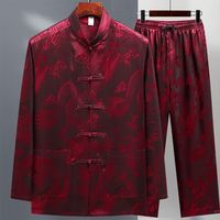Set Latihan Tai Chi Pria Baju Tradisional Cina Hanfu Lengan Panjang Motif Bunga Kancing Depan Bahan Sutra Es