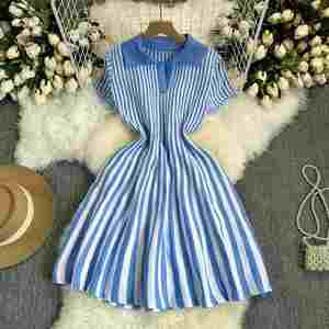 Maxfree Striped Knitted Polo Neck A-Line Midi <b>Dress</b> Short Sleeve Casual Summer <b>Dress</b> Breathable Regular Fit - Product Image 4