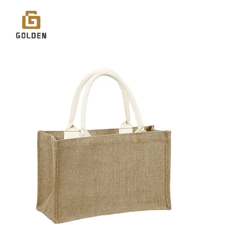 Altın üreticisi toptan özel baskılı Logo eko kullanımlık çuval bezi çanta alışveriş jüt alışveriş çantası fiyat jüt Gunny çanta