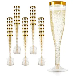 金色闪光金色边缘塑料经典器皿玻璃像香槟婚礼派对敬酒长笛5盎司