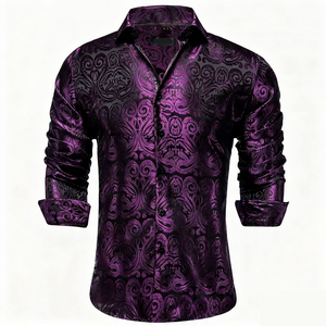 Chemise habillée pour homme à imprimé numérique extensible dans les quatre sens, col rabattu, manches longues, coupe ajustée, décontractée, formelle, pour mariage, fête, affaires - Product Image 3