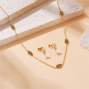 Gold Plated Stainless Steel Hamsa Hand Necklace Earrings <b>Bracelet</b> <b>Set</b> Unisex Jewelry Gift - Product Image 2