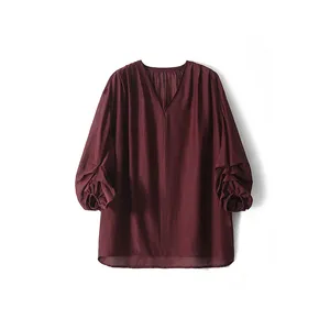 Sunnydaysweety Quality Assurance Women Casual Elegant V-Neck Solid Color Pullover Soft Silk Top Shirt