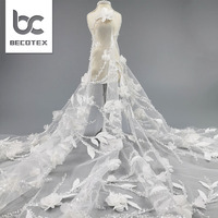 Tissu de dentelle perlée 3D écologique Robe de mariée de luxe Broderie perlée Tissu de dentelle de tulle français de haute qualité