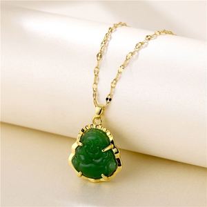 Collier en acier inoxydable plaqué or avec chaîne à maillons, pendentif Bouddha rieur en jade vert naturel, collier religieux Maitreya - Product Image 1