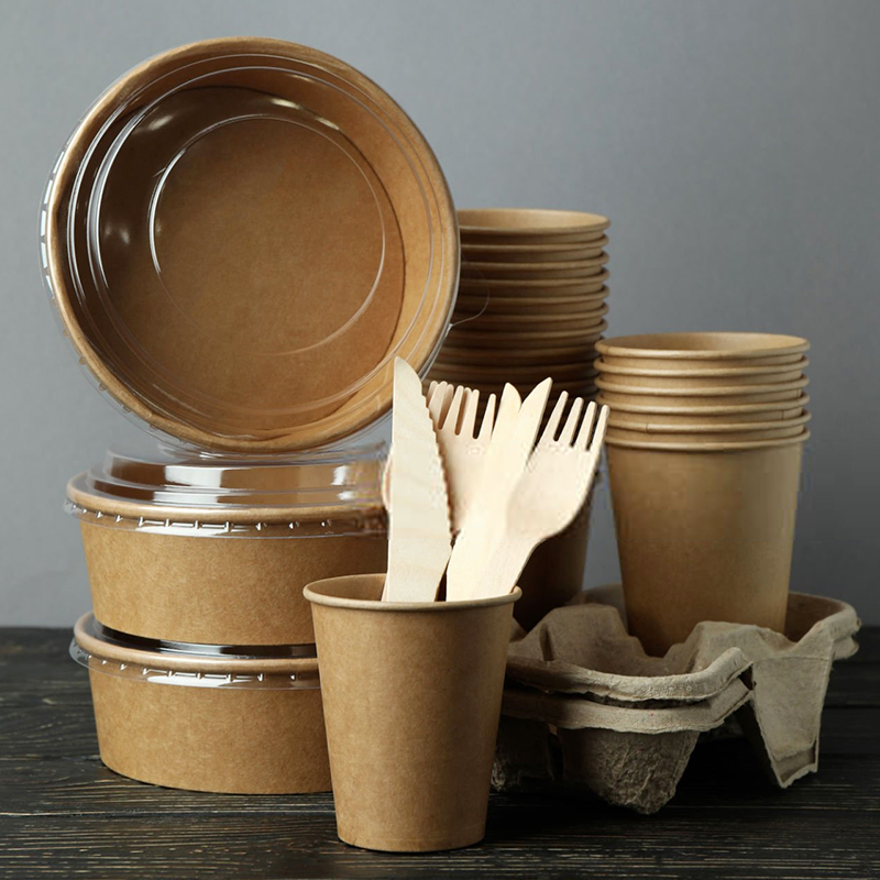 16 oz 1500 ml 520 Cc 1350cc Single Wall Biodegradable Disposable Kraft Paper Bowls & Plates with Lid