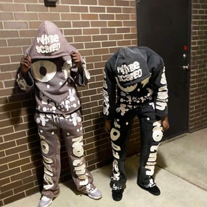 Men Applique Patches Embroidery Custom Logo Jogger Flare Tracksuit Cut and <b>Sew</b> Hoodies Two Piece <b>Set</b> Sweat Suit - Product Image 1