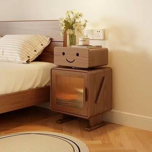 Table de chevet robotisée couleur noyer avec éclairage et rangement, meuble de chambre à coucher - Product Image 2