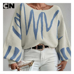 Suéter de certificación BSCI, venta directa de fábrica, suéter de punto de poliéster Jacquard suelto para mujer, suéter con manga farol - Product Image 3