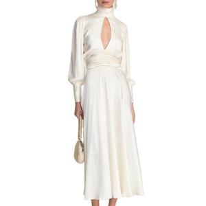 Vintage Raso Cut-Out <span class=keywords><strong>Maxi</strong></span> Vestito Delle Donne del Vestito Elegante Del Manicotto di Soffio Aperto Indietro Increspato Dettaglio - Product Image 1