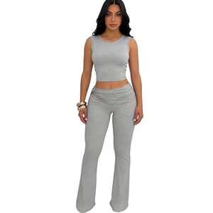 Women's Crop Top Pants <b>Set</b> Casual 2 Piece Solid Color Sleeveless V-neck Eco-Friendly Breathable Spandex/Polyester Sports Fashion - Product Image 1