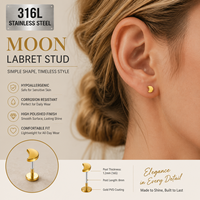 CRYSPURE Bijou de piercing pour cartilage en acier inoxydable chirurgical 316L, labret sans filetage à enfiler, motif papillon et lune
