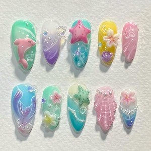 Vente d'usine 30 pièces polyvalent 3D bleu étoile de mer coquille vague motif ABS Nail Art conseils français détachable presse sur les <span class=keywords><strong>ongles</strong></span> - Product Image 1