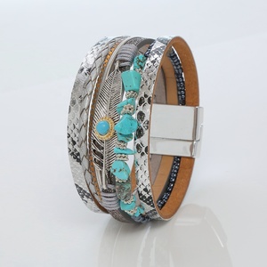Bracelet en cuir tissé avec boucle magnétique bohème pour femme, bijou de style européen Antique, avec plume Turquoise, nouveauté - Product Image 3