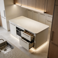 Meuble de cuisine sur mesure en bois massif avec fours doubles intégrés, comptoirs en marbre et tiroirs à fermeture amortie