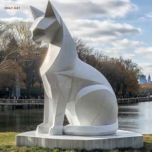 맞춤형 현대적인 대형 광택 추상 동물 조각상 거대한 흰색 스프레이 페인트 고양이 쪼그려 앉은 금속 기하학 조각 정원 장식용 - Product Image 5