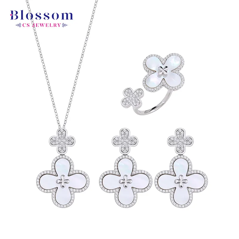 Four Leaf Clover Bridal Jewelry Sets Luxury 925 Sterling Silver Rhodium White Shell Zircon Necklace Earring Ring Clover Jewelry