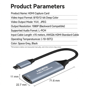 Carte de capture vidéo <span class=keywords><strong>HDMI</strong></span> vers <span class=keywords><strong>USB</strong></span>-C 4K 1080P, très vendue, pour l'enregistrement et la diffusion en direct via caméra reflex numérique, caméscope, caméra d'action (noir/argent) - Product Image 4