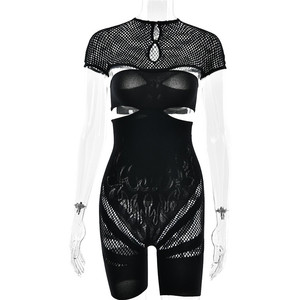 Combinaison sexy ajourée transparente pour femme, à manches courtes, très extensible, moulante, tenue de soirée tendance, une pièce - Product Image 4