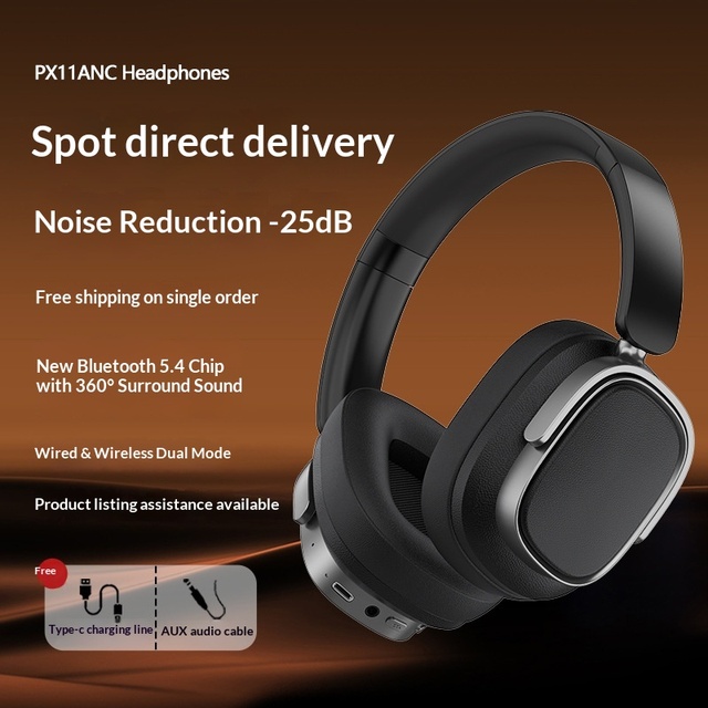 Factory's New PX11ANC Wireless for 5.4 Leather-feel Over-ear Headphones IPX3 Waterproof Low Latency True Noise