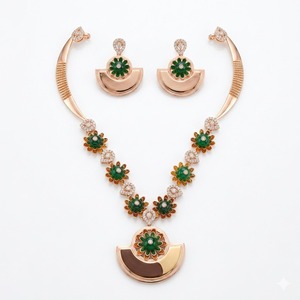 Conjunto de Collar Floral Verde con Oro Rosa Italiano de Plata 925 y Pendientes a Juego, Joyería de Diseño para Mujer - Product Image 1