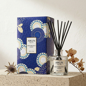 Aikun Crossborder Low MOQ Fast Response ODM 100ml Clear Fresh Citrus Round Glass Reed <b>Diffuser</b> Set <b>with</b> Blue Box For Entry - Product Image 1