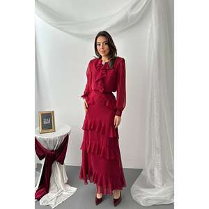 Ensemble short 2 pièces en mousseline de soie bordeaux à volants pour femme, tailles 2XL, 3XL, 4XL, vente en gros - Product Image 5