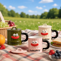 Vente en gros de tasses à café en céramique amusantes et créatives à grande bouche avec couvercle, pour cadeau de couple, bureau, maison, petit-déjeuner