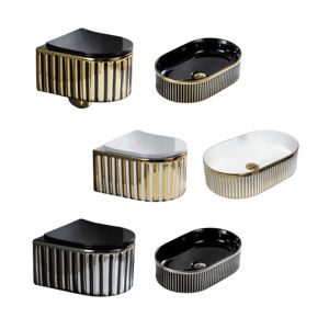 Inodoro dorado flotante <span class=keywords><strong>de</strong></span> lujo montado en la pared estriado sin montura Wc baño inodoro <span class=keywords><strong>de</strong></span> cerámica colgado en la pared - Product Image 3