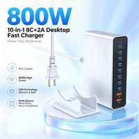 Chargeur rapide de bureau HNT ODM/OEM 800W GaN 10-en-1 avec 8 ports C + 2 ports A, station d'adaptation universelle pour iPhones avec prises US, EU, UK, AU, JP