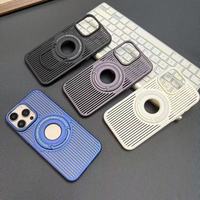 Casing Ponsel Premium dengan Penyangga Magnetik dan Desain Logam Bergaris, Dilengkapi Lubang Pelepas Panas untuk iPhone 16 Pro 15 14 13 12